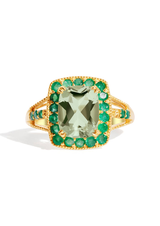 The Fresco Yellow Gold Ring with 1.73ct Cushion Green Amethyst