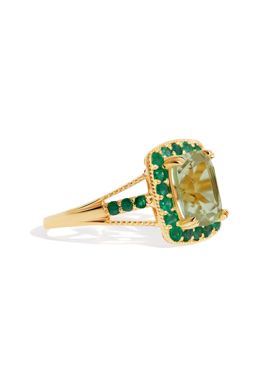 The Fresco Yellow Gold Ring with 1.73ct Cushion Green Amethyst