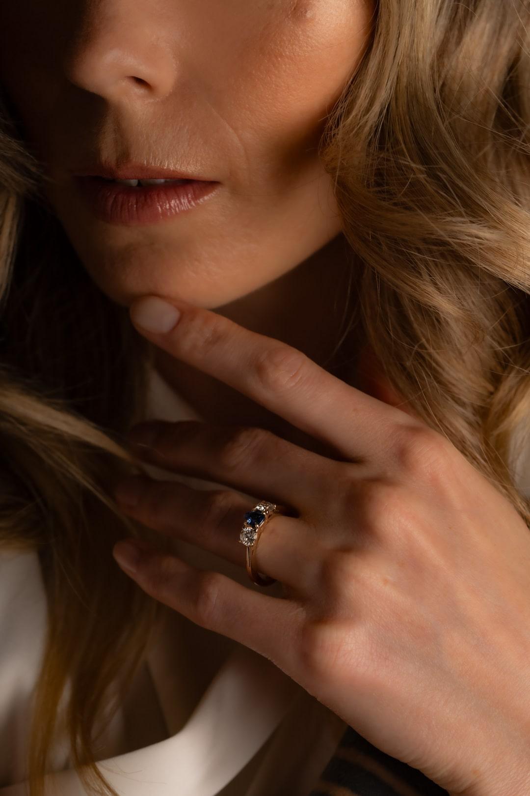 The Ada Three Stone Ring with Pear Ceylon Sapphire & Round Diamonds design detail
