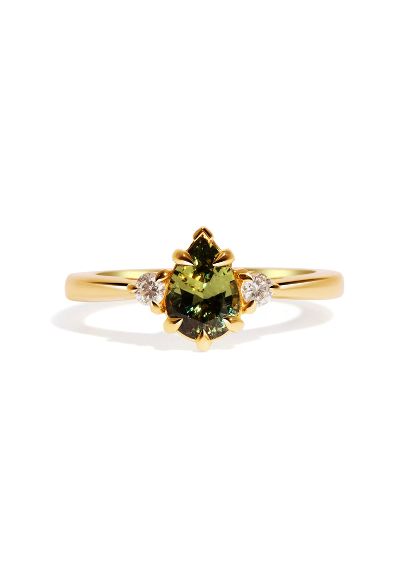 The Esme 18ct Yellow Gold Ring with 1.13ct Pear Cut Green Sapphire & 0.12ct Side Diamonds