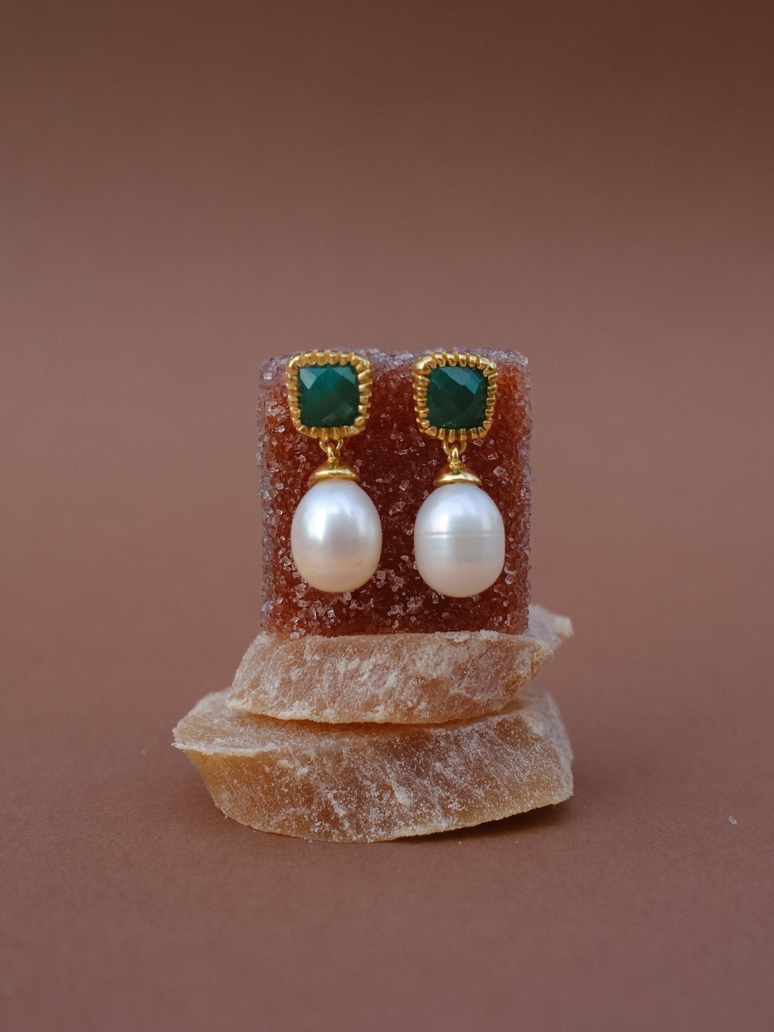 The Grazia Pearl & Green Onyx 18ct Gold Vermeil Drop Earrings - Molten Store