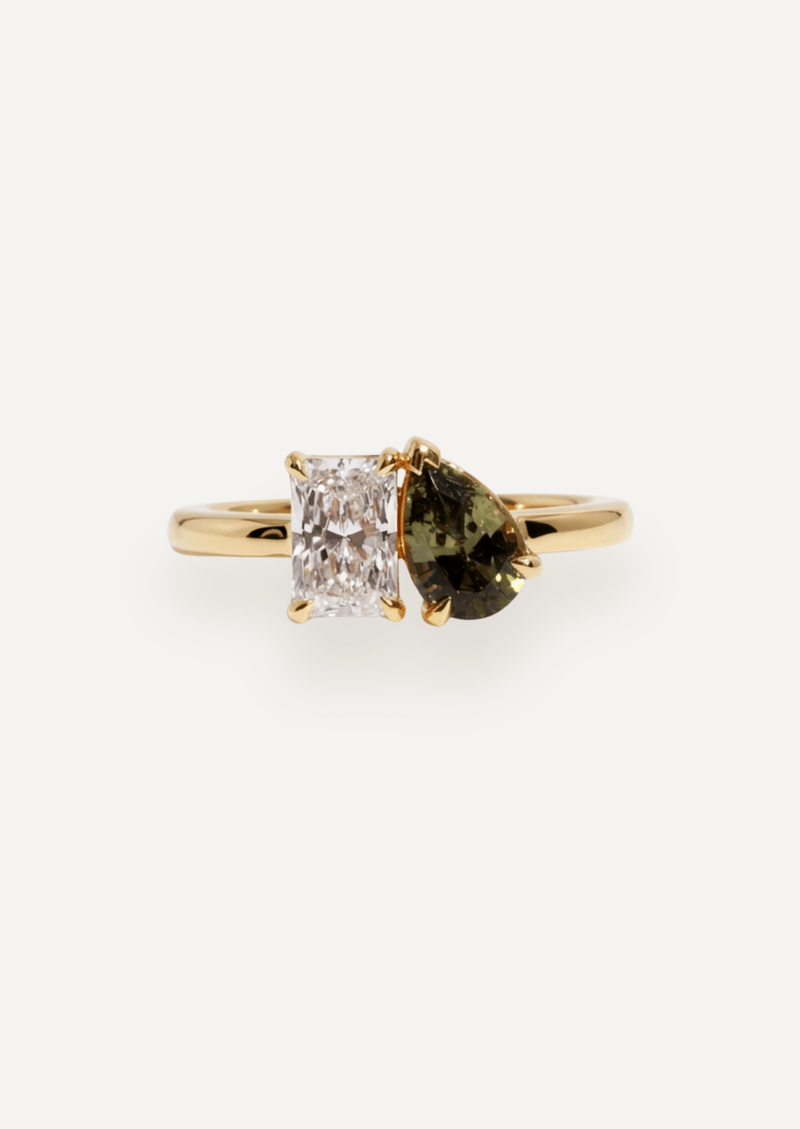The Toi Et Moi Ring with Radiant Diamond & Pear Green Sapphire