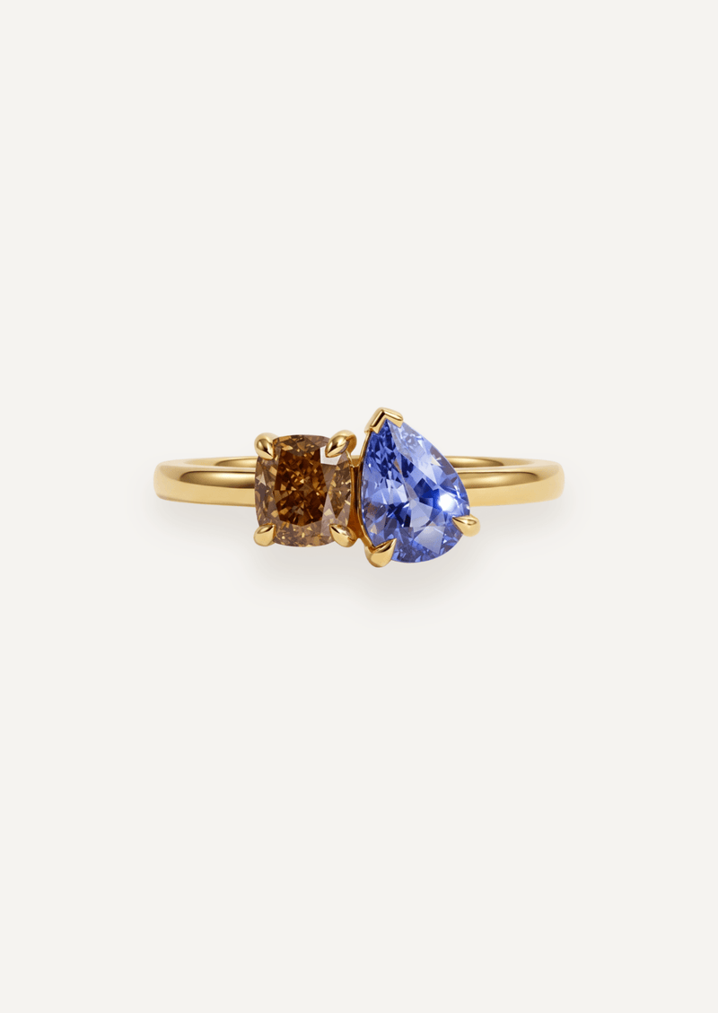 The Toi Et Moi Ring with Pear Ceylon Sapphire and Cushion Cognac Diamond