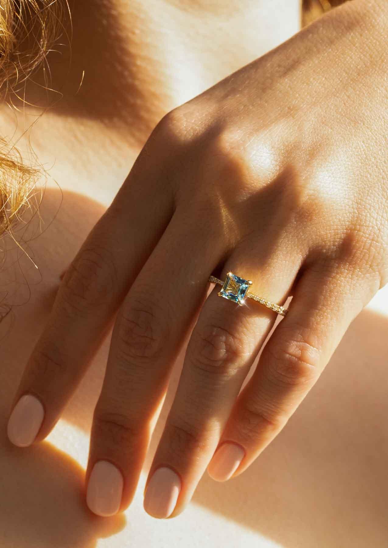 The Celine Ring with 0.85ct Emerald Aquamarine
