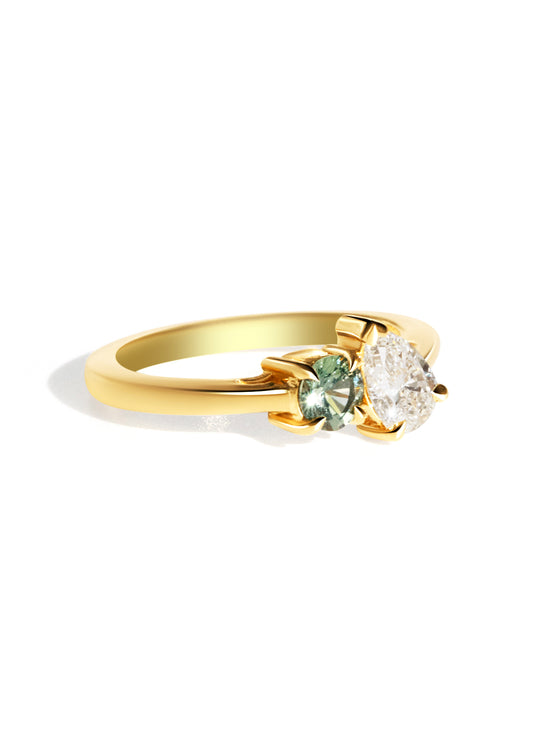The Toi Et Moi Ring with 0.6ct Pear Cultured Diamond & 0.78ct Round Green Sapphire