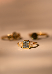 The Beatrice Three Stone Ring with 1.38ct Emerald Cut Aquamarine & .53ct Radiant Cut Diamonds (TDW)