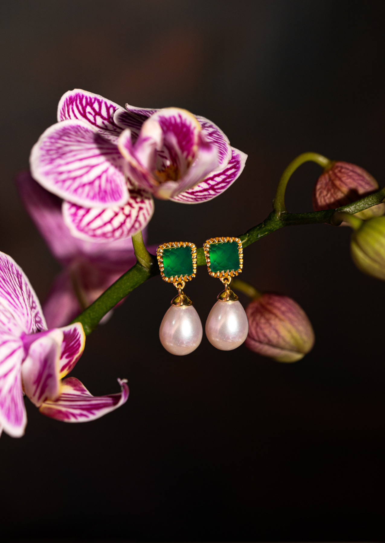 The Grazia Pearl & Green Onyx 18ct Gold Vermeil Drop Earrings