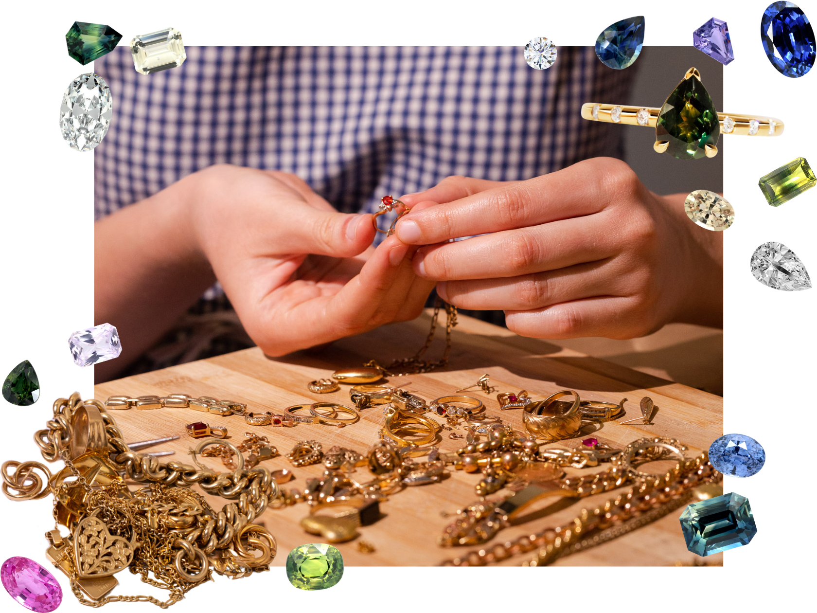 Woman holding an heirloom ring surrounded by a pile of old gold jewellery framed by a gemstone border