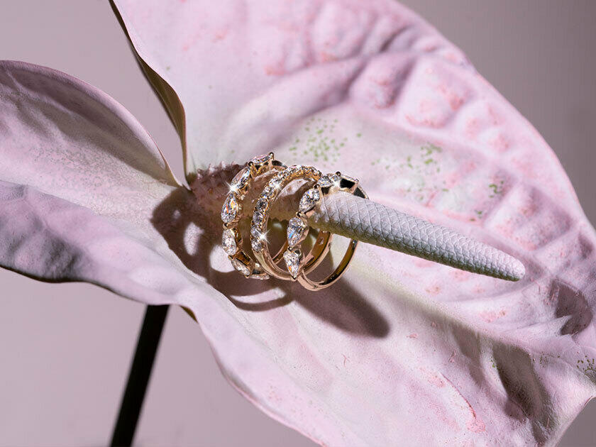 Three wedding bands hanging on the stamen of a flower