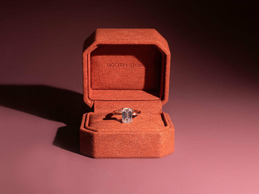 Engagement ring in a Molten Store jewellery box.