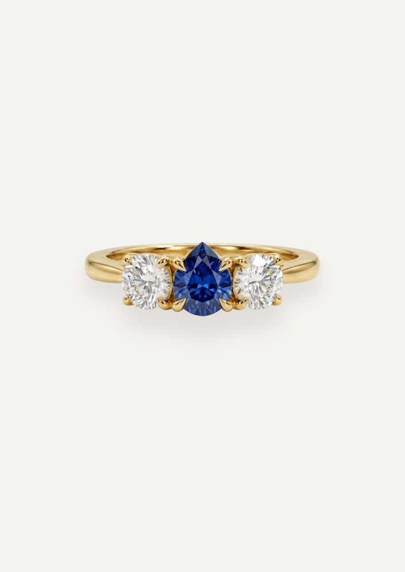 The Ada Three Stone Ring with Pear Ceylon Sapphire & Round Diamonds