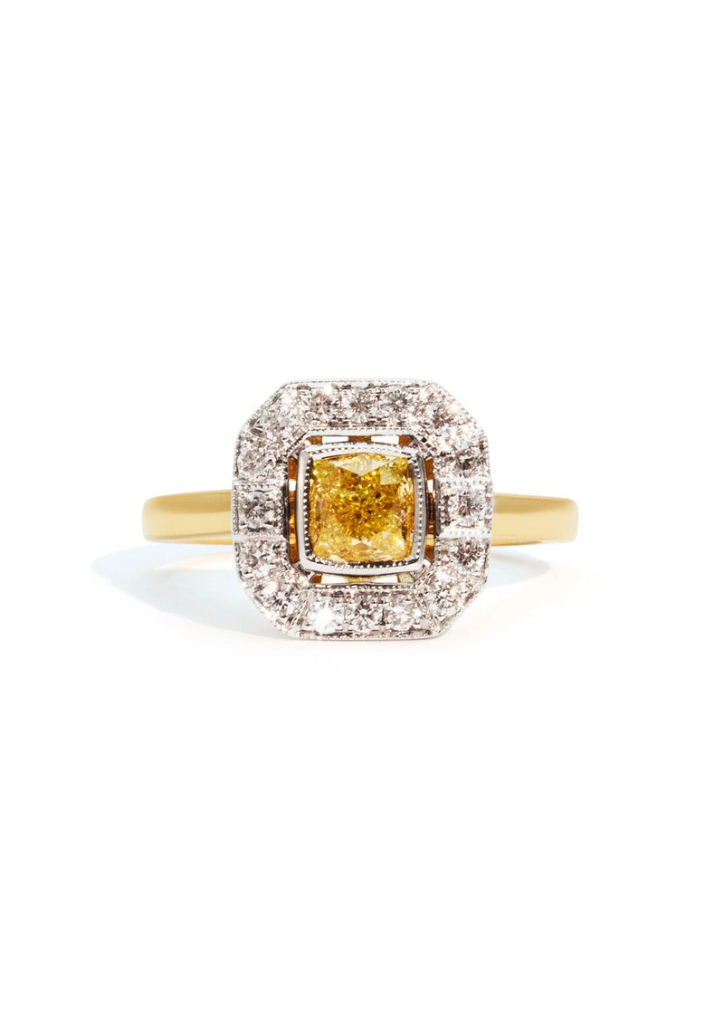 The Eleadora 18ct Yellow Gold Ring with 1ct Cushion Cut Yellow Diamond & 0.33ct Diamond Halo