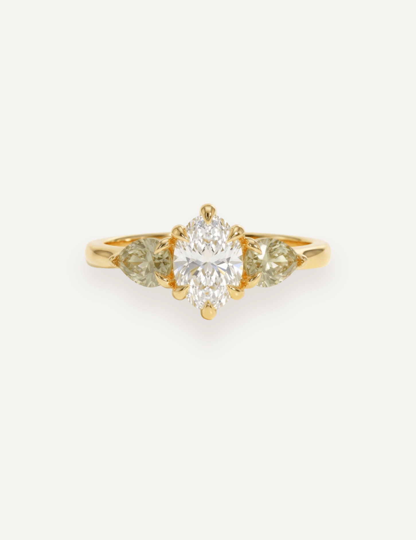 The Esme Three Stone Ring with 1.01ct Oval Cut Diamond & .79ct Pear Cut Green Sapphires (1.8ct TCW) - Molten Store