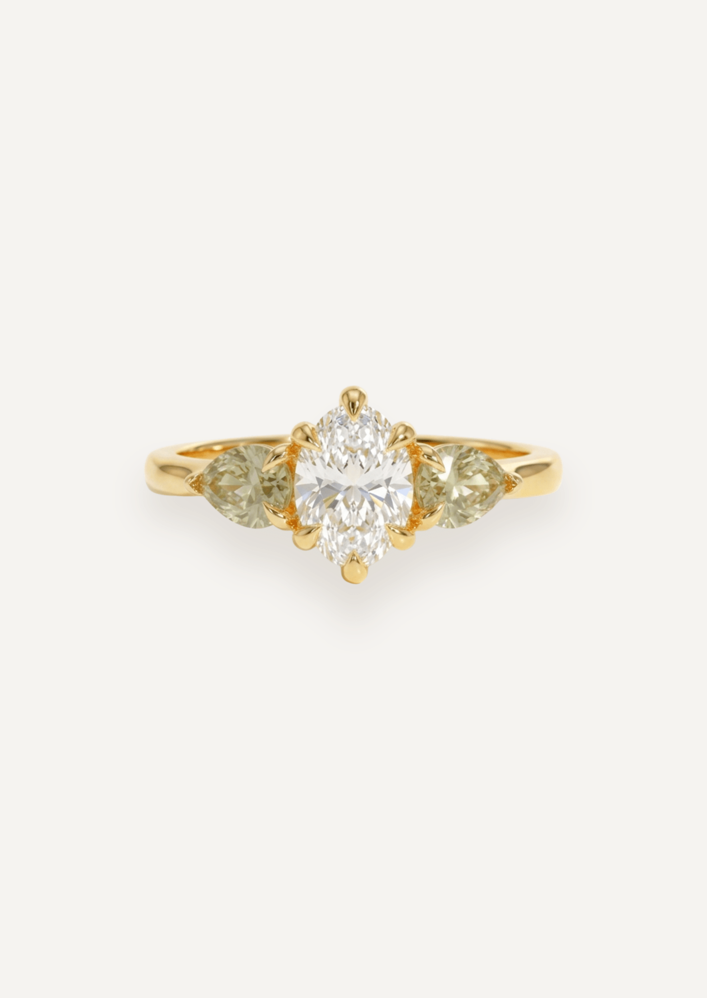 The Esme Three Stone Ring with 1.01ct Oval Cut Diamond & .79ct Pear Cut Green Sapphires (1.8ct TCW) - Molten Store