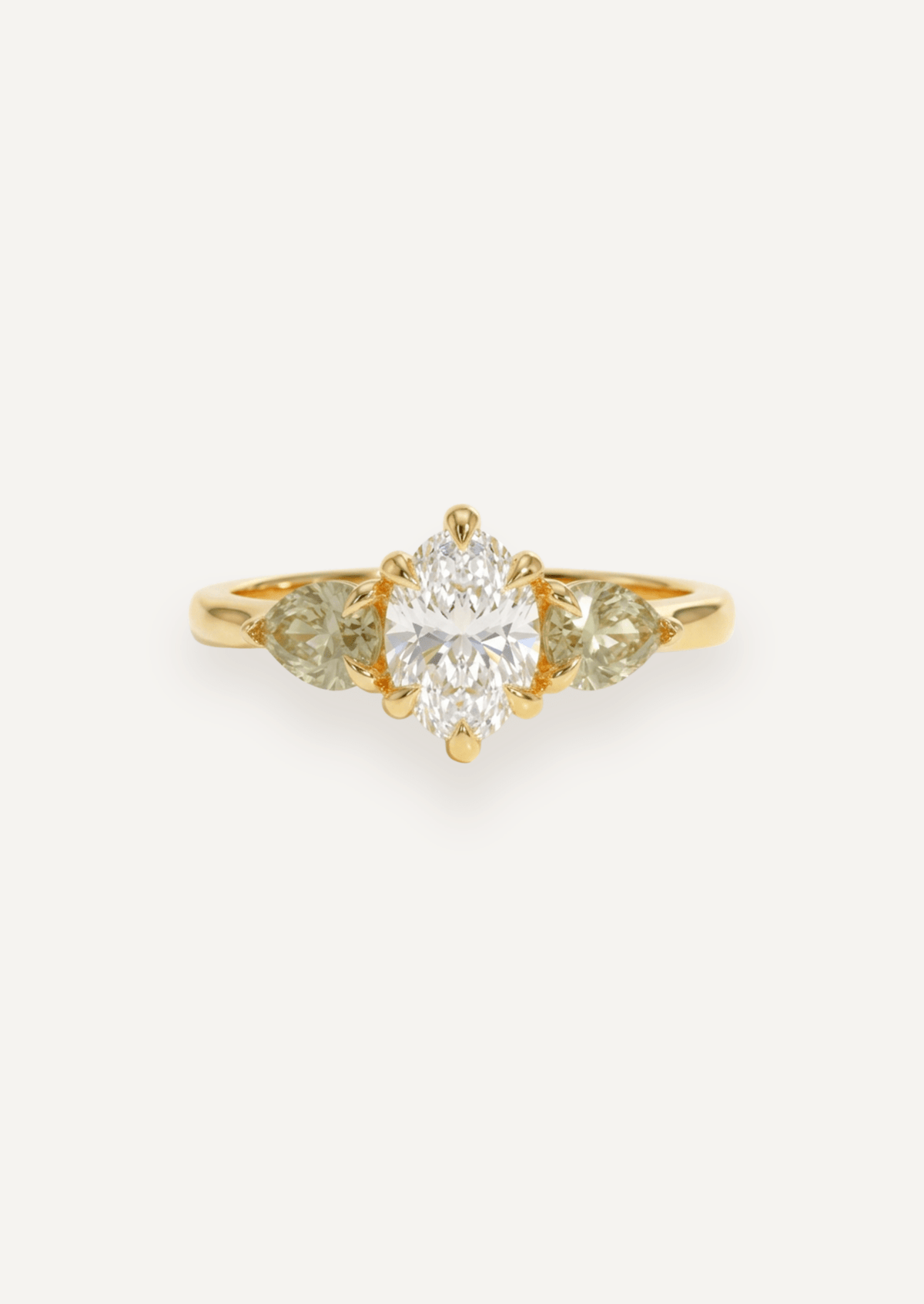 The Esme Three Stone Ring with 1.01ct Oval Cut Diamond & .79ct Pear Cut Green Sapphires (1.8ct TCW) - Molten Store
