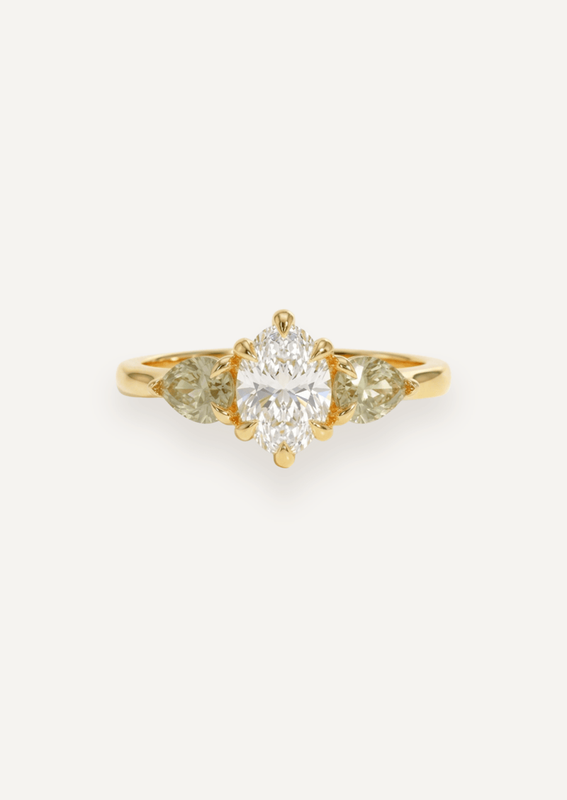 The Esme Three Stone Ring with Oval Cut Diamond & Pear Cut Green Sapphires