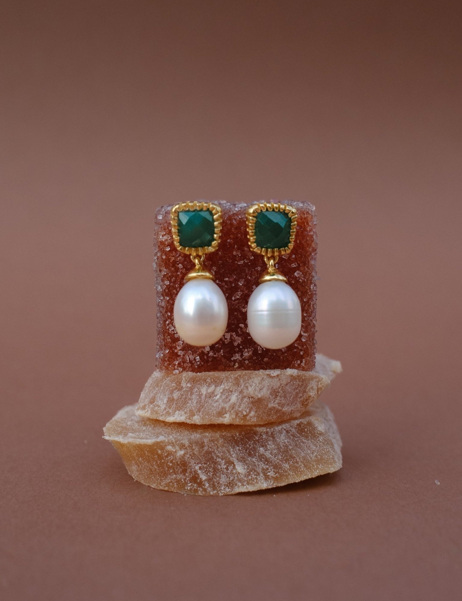 The Grazia Pearl & Green Onyx 18ct Gold Vermeil Drop Earrings - Molten Store