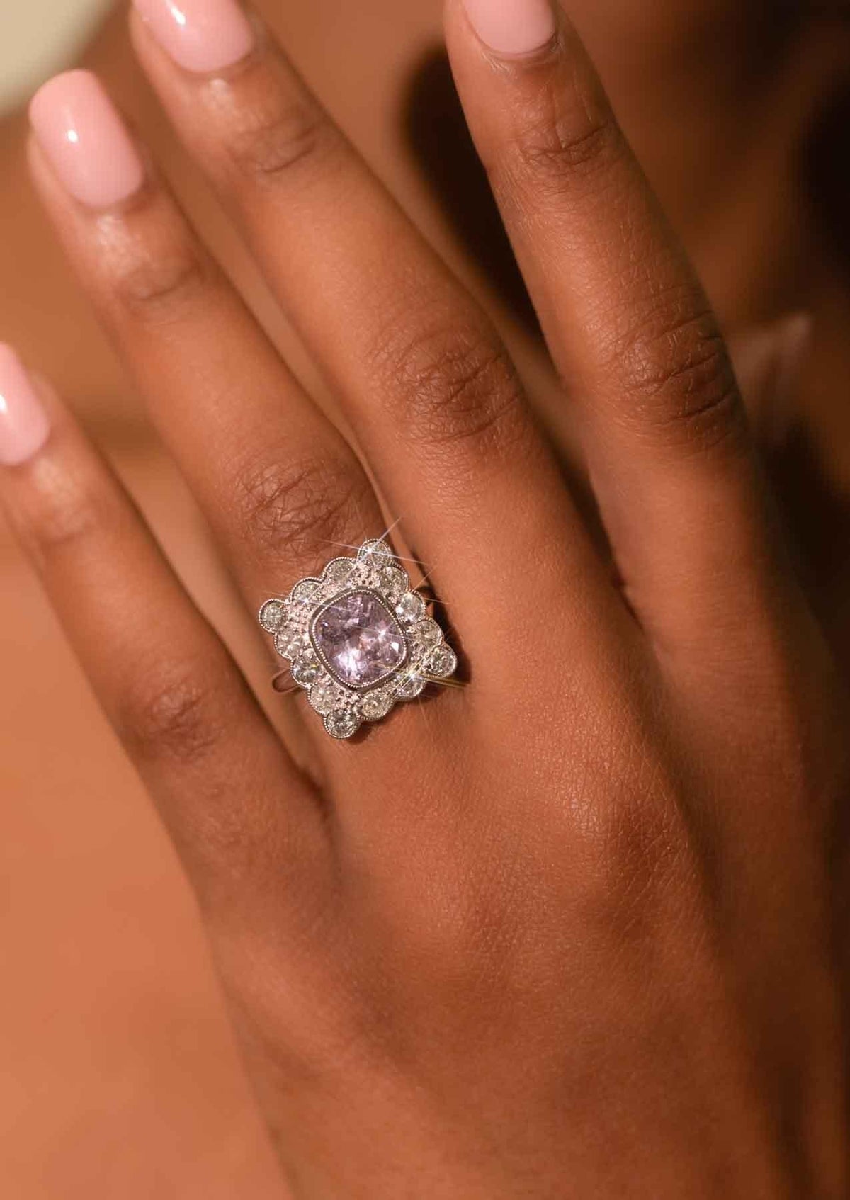 The Hazel Ring with Cushion Plum Spinel design detail