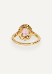 The Iris 18ct Yellow Gold Ring with 2.29ct Oval Cut Morganite & 0.15ct Diamond Halo - Molten Store