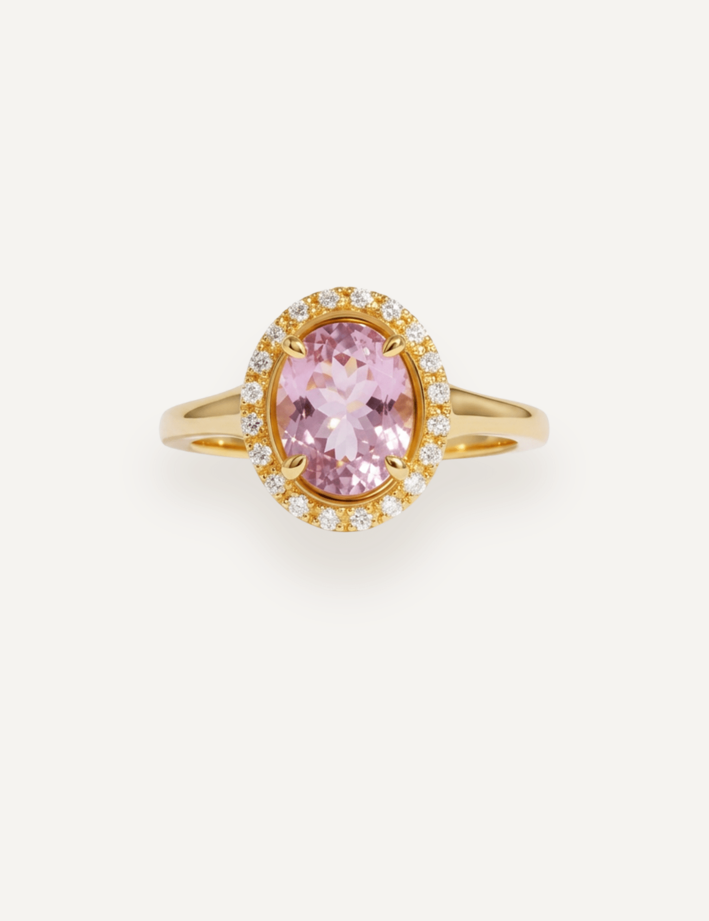 The Iris 18ct Yellow Gold Ring with 2.29ct Oval Cut Morganite & 0.15ct Diamond Halo - Molten Store