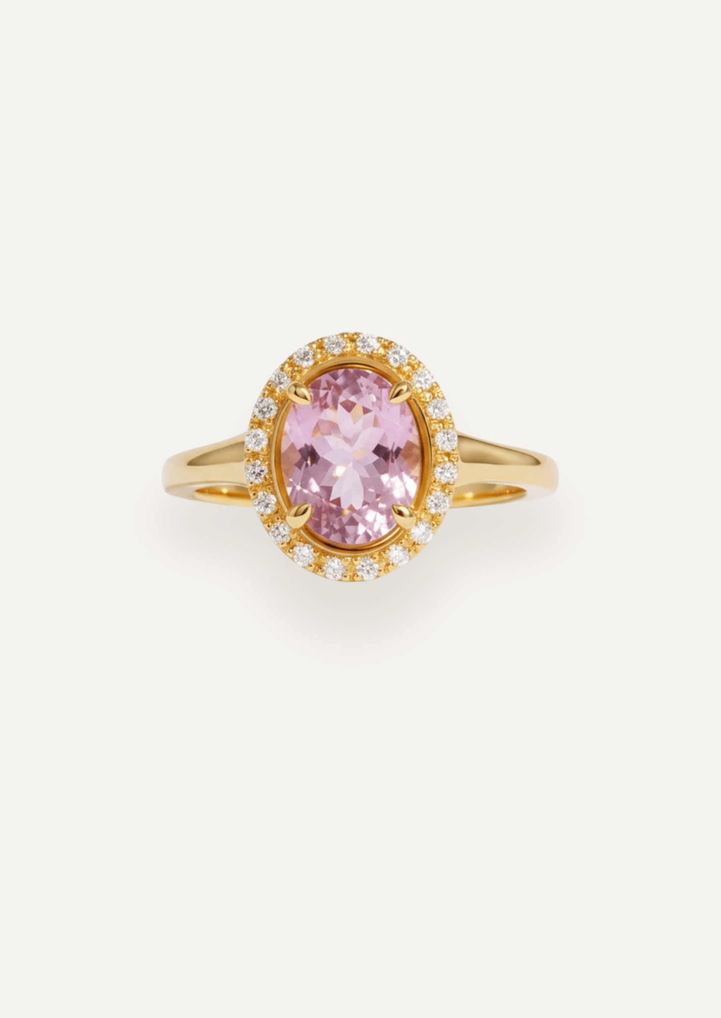 The Iris 18ct Yellow Gold Ring with 2.29ct Oval Cut Morganite & 0.15ct Diamond Halo - Molten Store