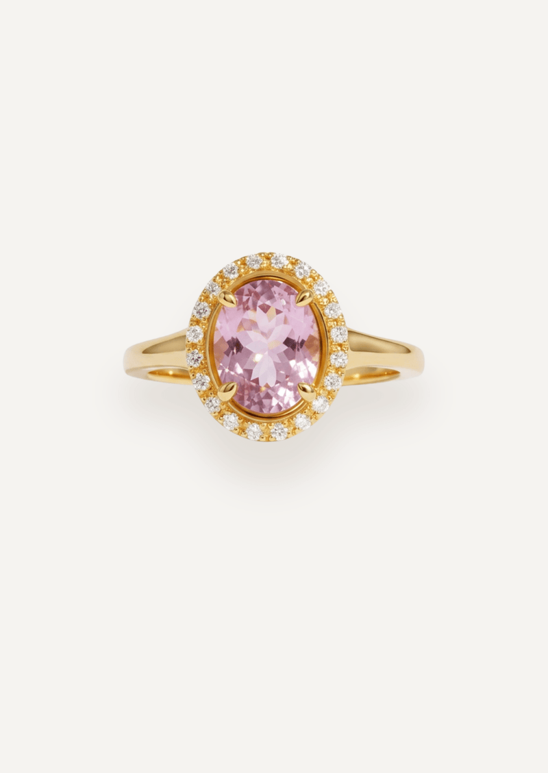 The Iris 18ct Yellow Gold Ring with 2.29ct Oval Cut Morganite & 0.15ct Diamond Halo