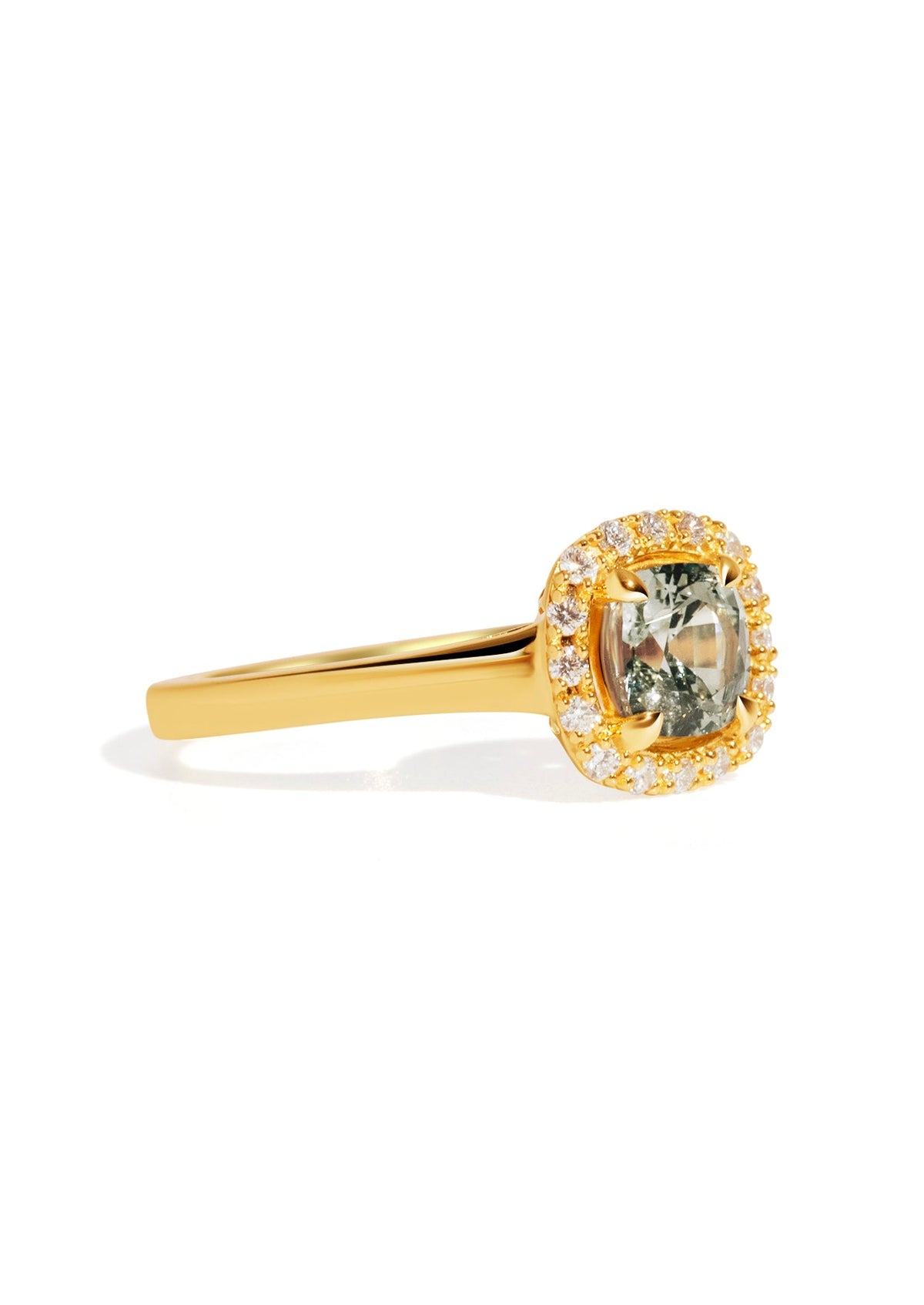 The Iris Ring with Cushion Cut Green Sapphire design detail