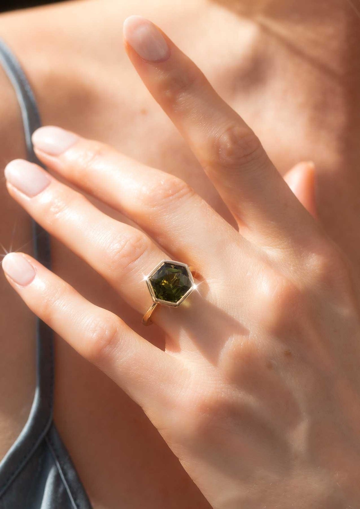 The Isabel Ring with Hexagon Cut Green Tourmaline design detail