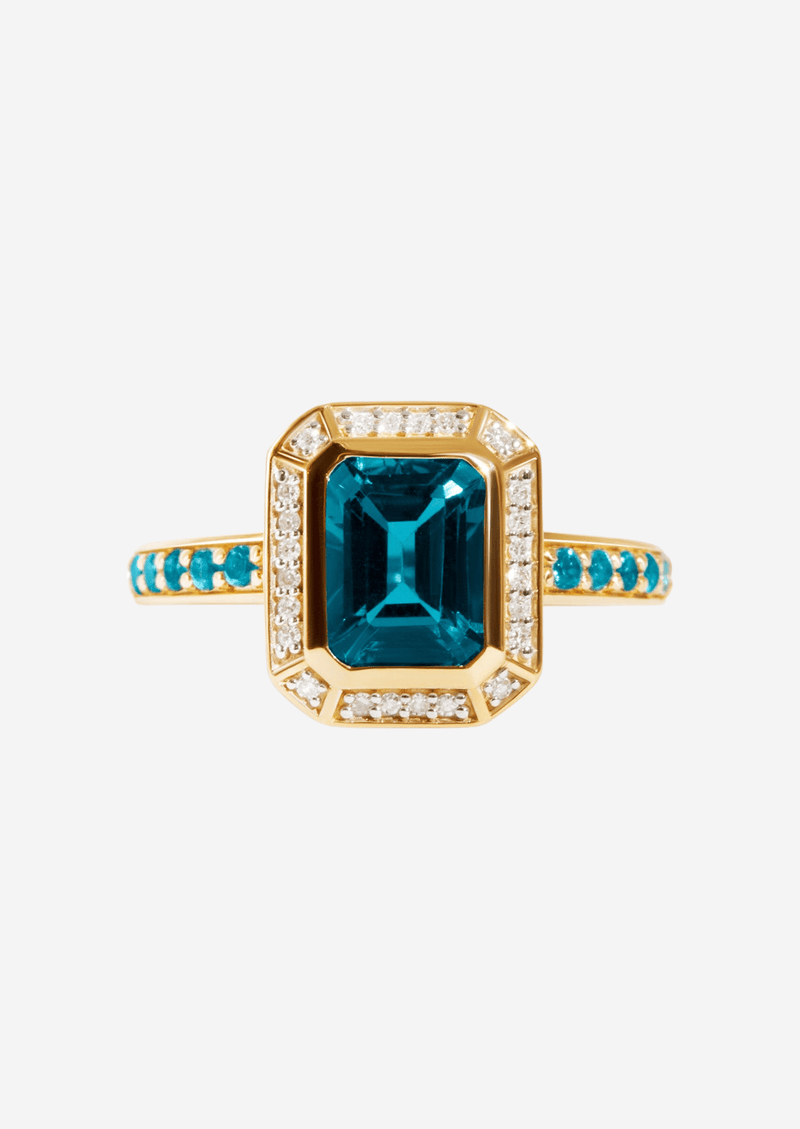 The Pastiche 9ct Yellow Gold Ring with 1.6ct Emerald Cut London Blue Topaz