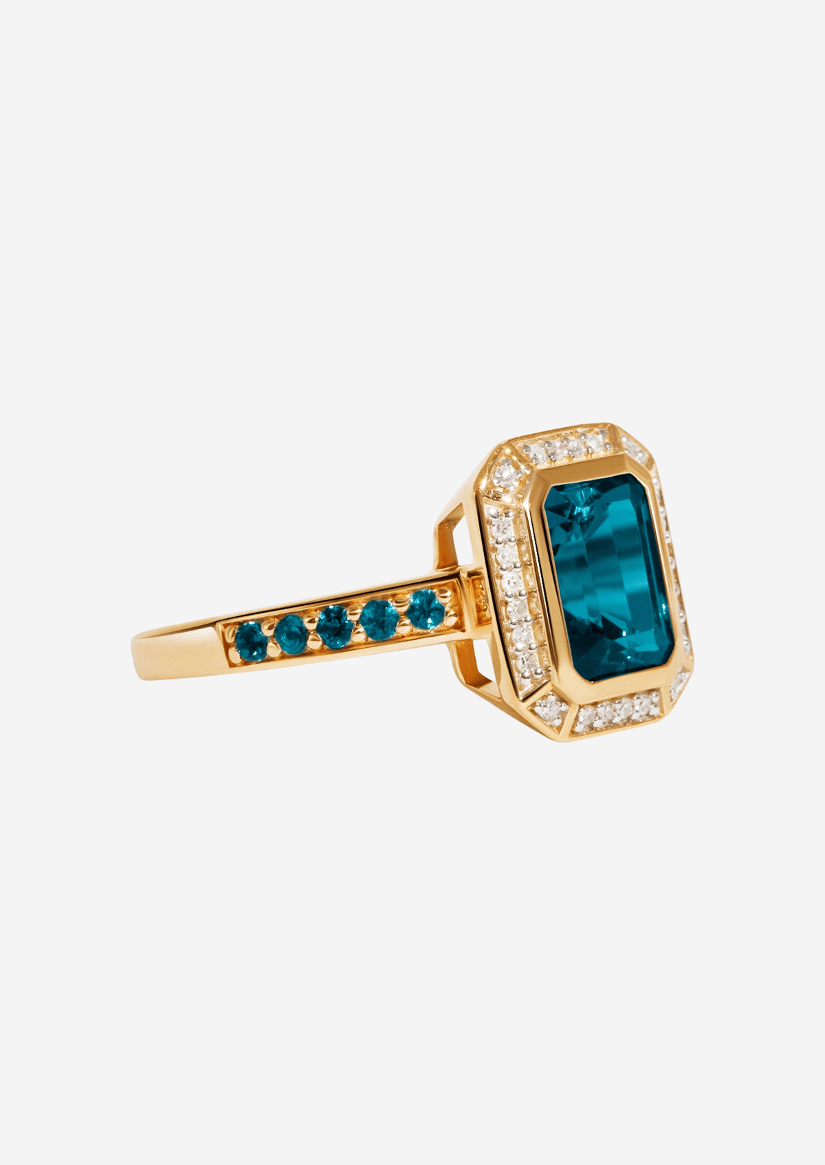 The Pastiche Ring with Emerald Cut London Blue Topaz design detail