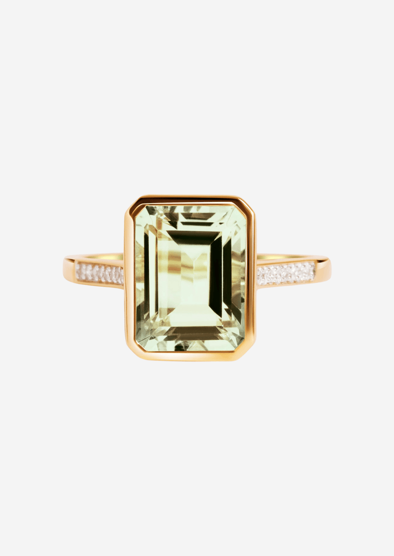The Still Life 9ct Yellow Gold Ring with 3.15ct Emerald Cut Green Amethyst