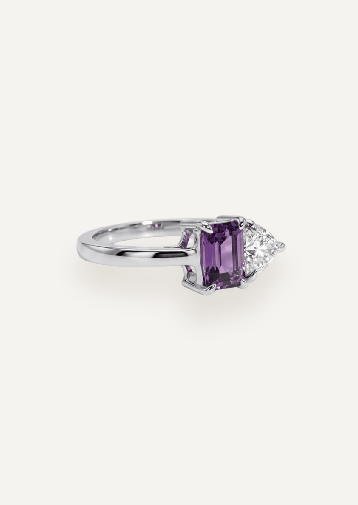 The Toi Et Moi Ring with Purple Spinel and Trillion Diamond design detail