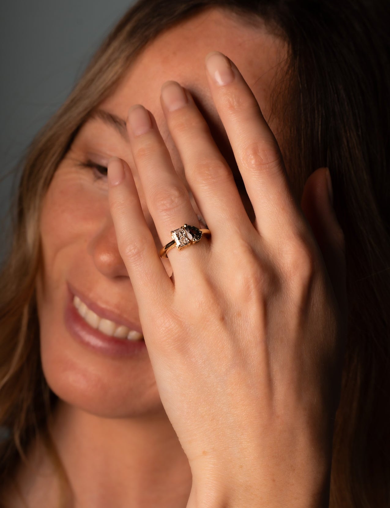 The Toi Et Moi Ring with 0.84ct Radiant Cultured Diamond & 1.16ct Pear Green Sapphire - Molten Store
