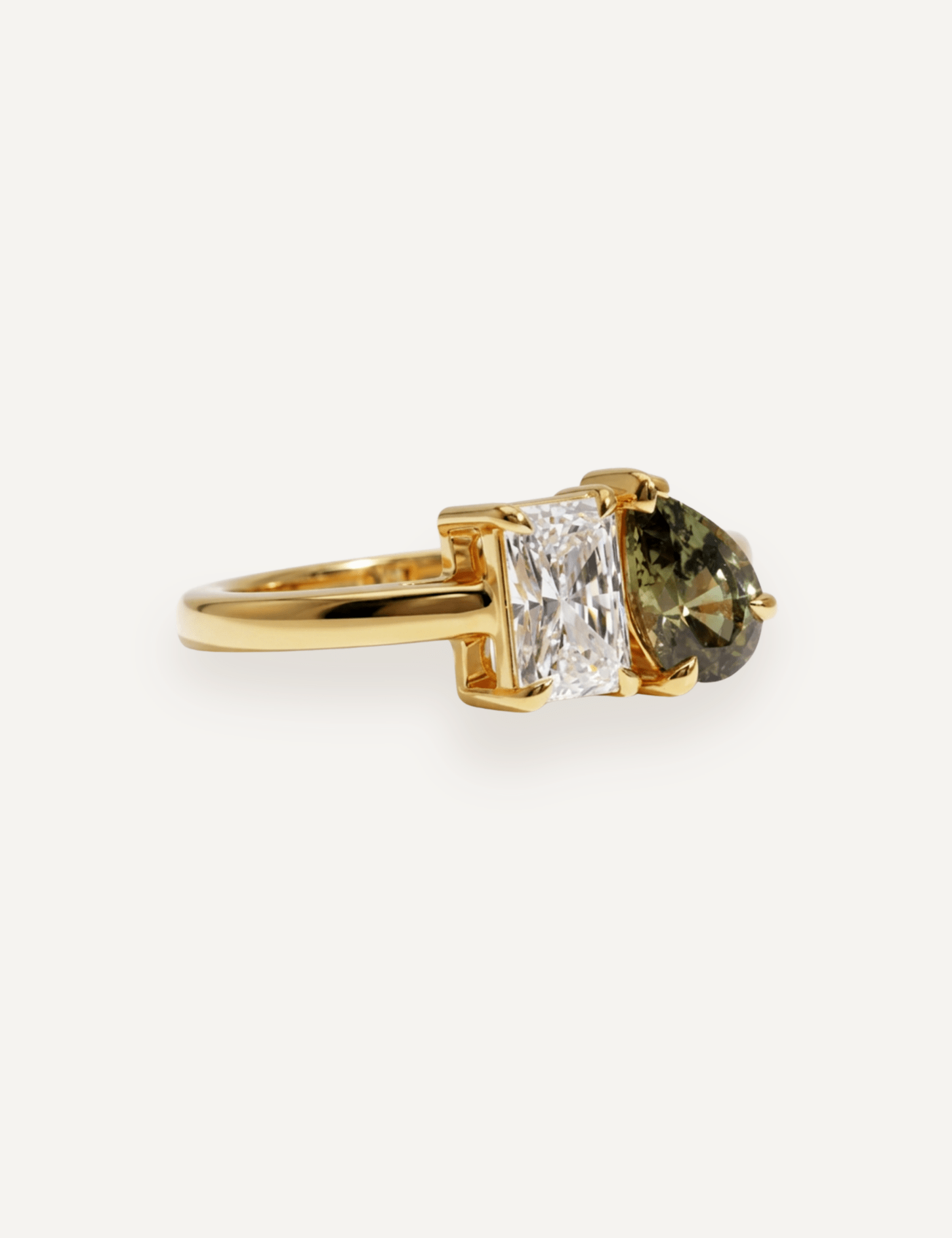 The Toi Et Moi Ring with 0.84ct Radiant Cultured Diamond & 1.16ct Pear Green Sapphire - Molten Store