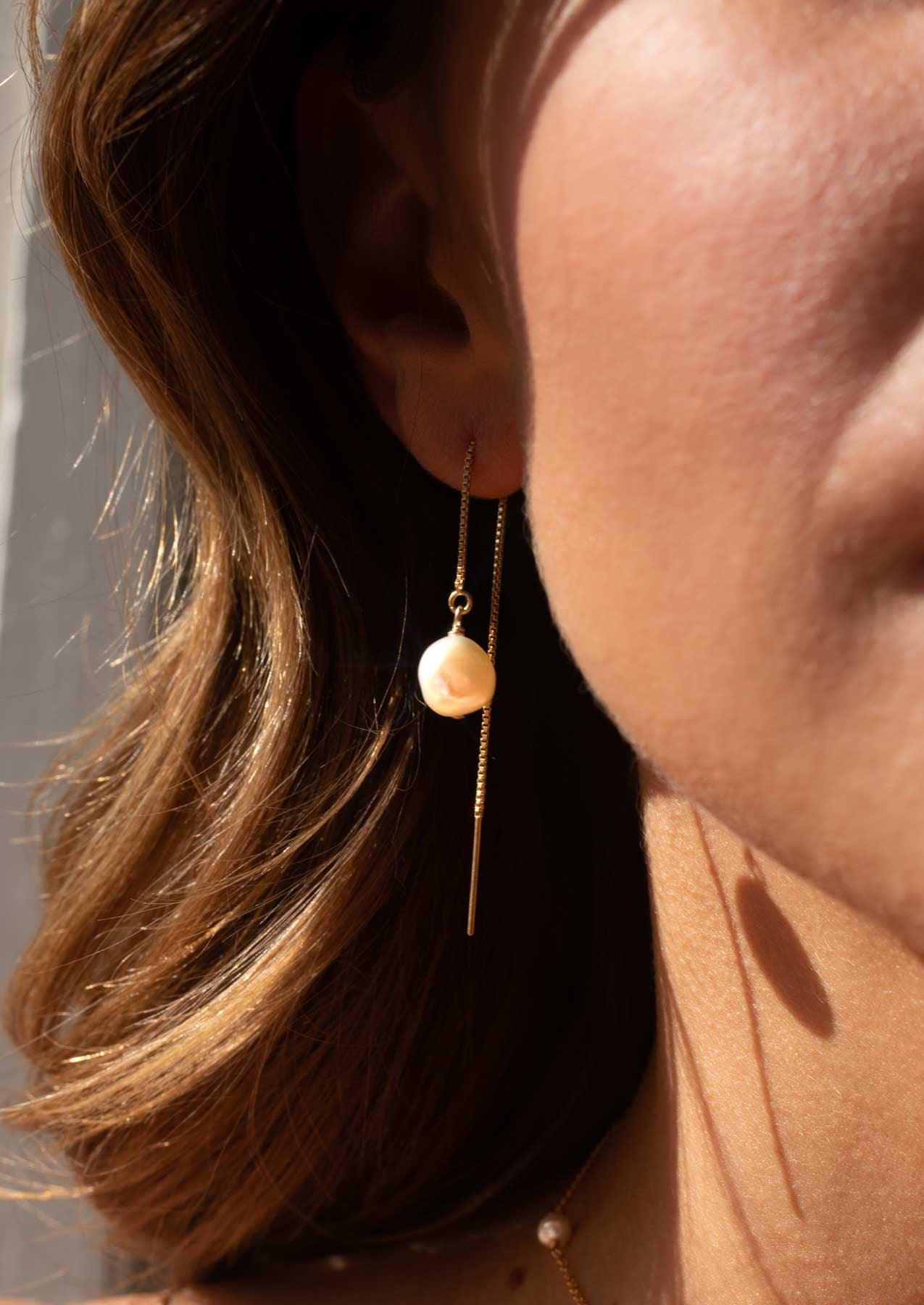The Mini Sunlight Pearl 14ct Gold Vermeil Threader Earrings - Molten Store